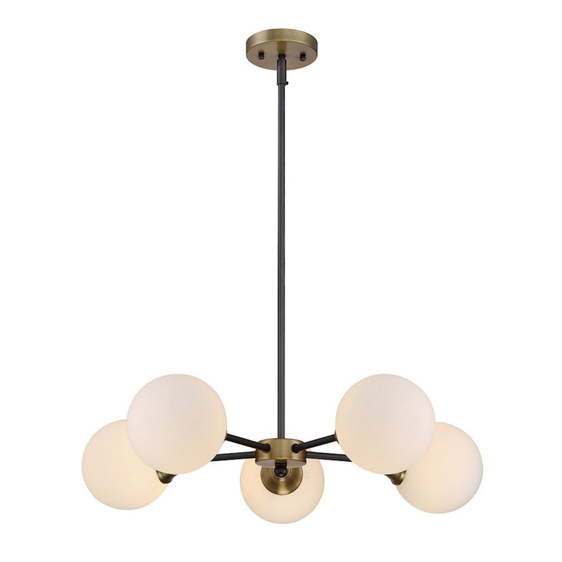Meridian Mid-Century Modern 5 Light Chandelier, Bronze/Brass/White
