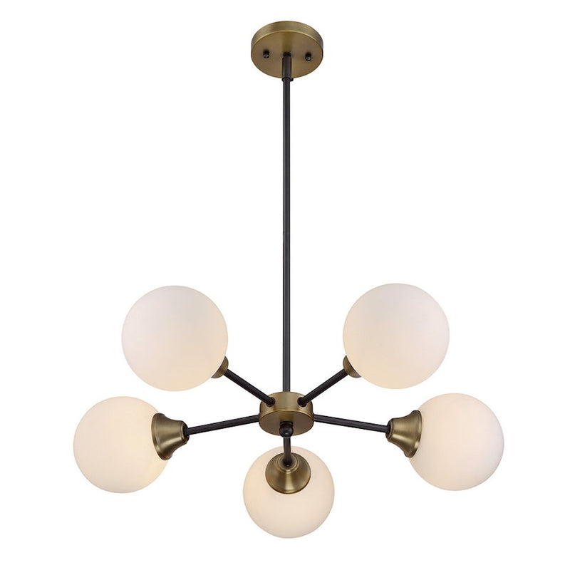 Meridian Mid-Century Modern 5 Light Chandelier, Bronze/Brass/White