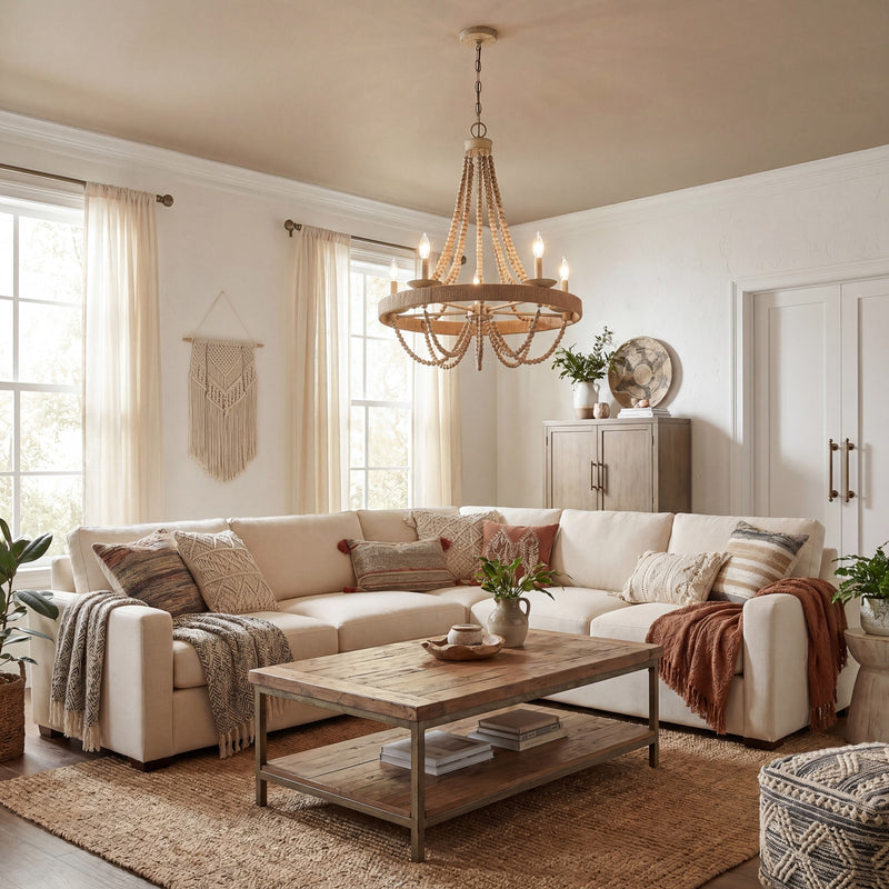 Meridian Bohemian 5 Light Chandelier, Natural Wood