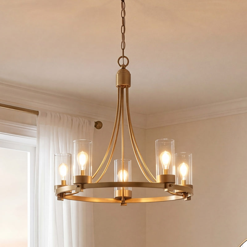 Meridian Mid-Century Modern 5 Light 23" Chandelier, Brass/Clear