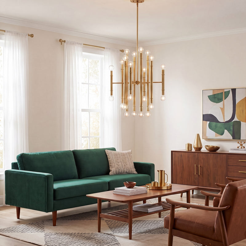 Meridian Mid-Century Modern 24 Light Chandelier, Natural Brass