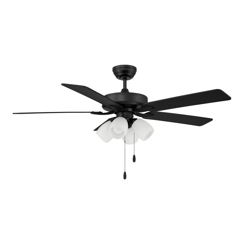 Savoy House 52in 4-Light Ceiling Fan | Transitional Matte Black and White Opal Glass | Bedroom & Living Room | 52 x 52 x 12.63 in | Model M2035MBKRV