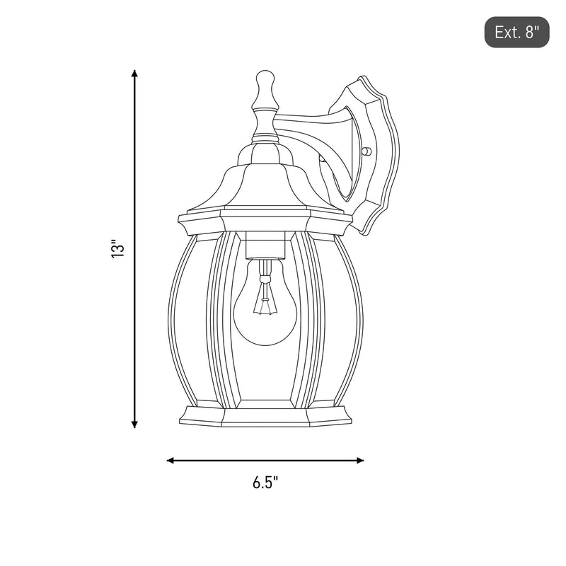 Meridian Traditional 1 Light Outdoor Wall Lantern, Bronze/Clear