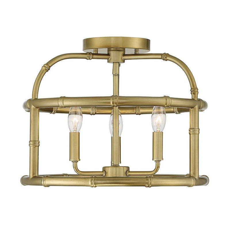 Meridian Shabby Chic 3 Light Semi Flush Mount, Burnished Brass