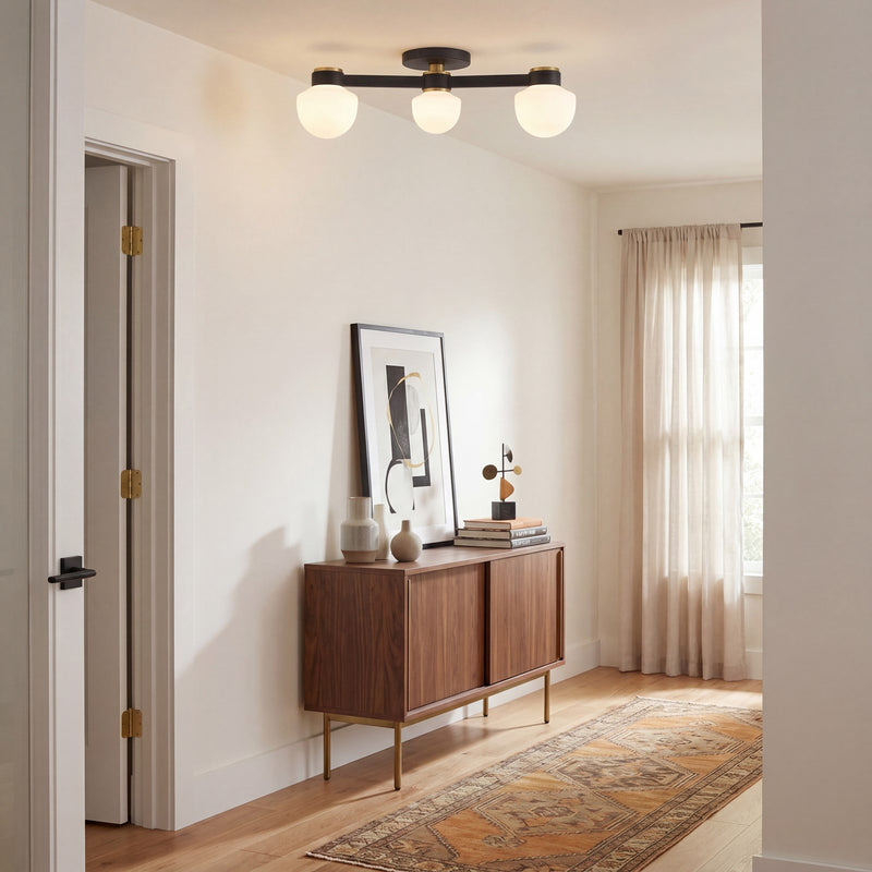 Savoy House Meridian 3Lt Ceiling Light, Black/Brass/White Opal