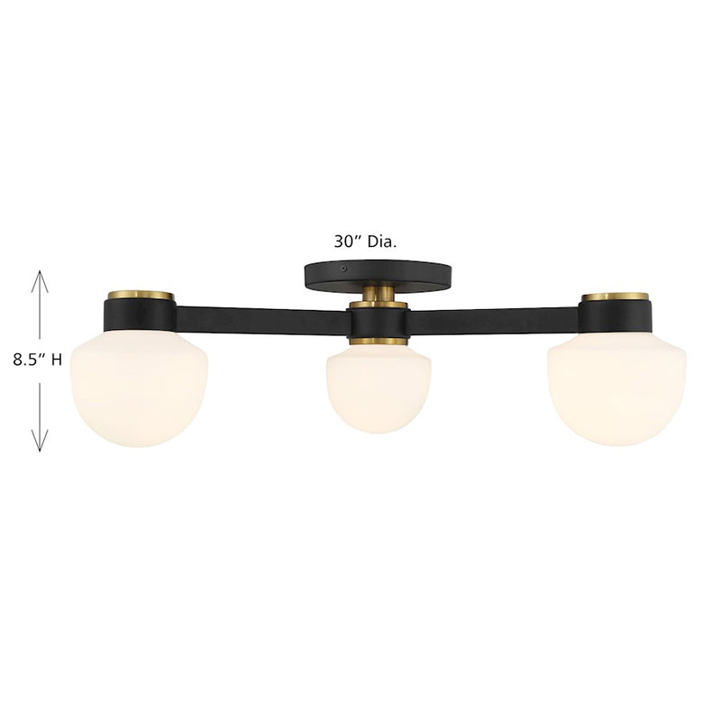 Savoy House Meridian 3Lt Ceiling Light, Black/Brass/White Opal