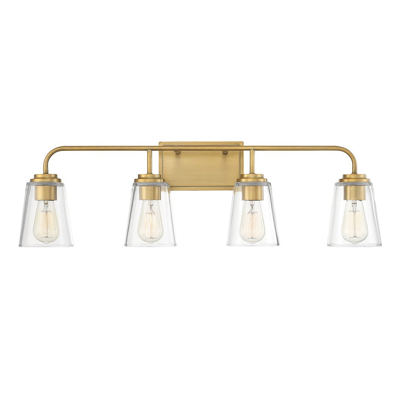 Meridian Farmhouse 4 Light 9" Bathroom Vanity, Natural Brass/Clear