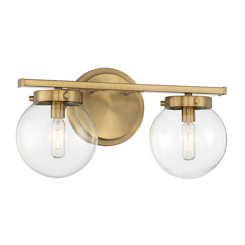 Meridian Mid-Century Modern 2 Light 8" Bathroom Vanity, Brass/Clear