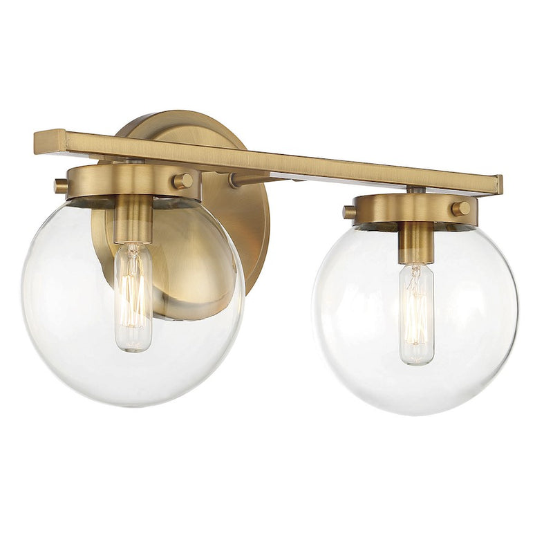 Meridian Mid-Century Modern 2 Light 8" Bathroom Vanity, Brass/Clear