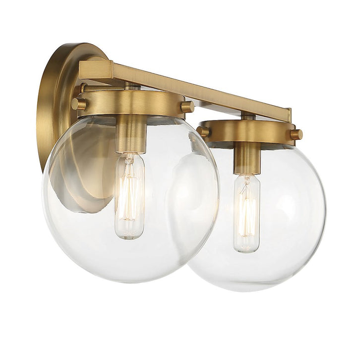 Meridian Mid-Century Modern 2 Light 8" Bathroom Vanity, Brass/Clear