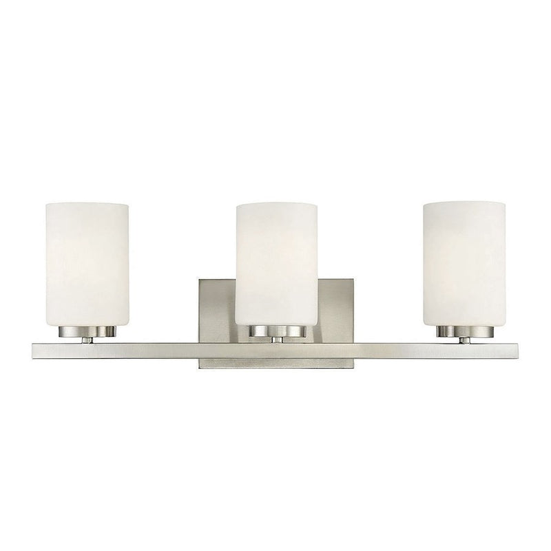 Meridian Contemporary 3 Light Bathroom Vanity, Nickel/White Etched