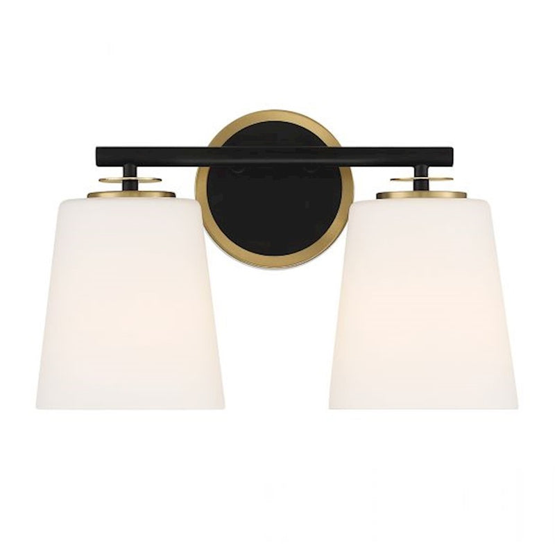 Savoy Meridian 2 Light Bathroom Vanity, Black/Natural Brass/White