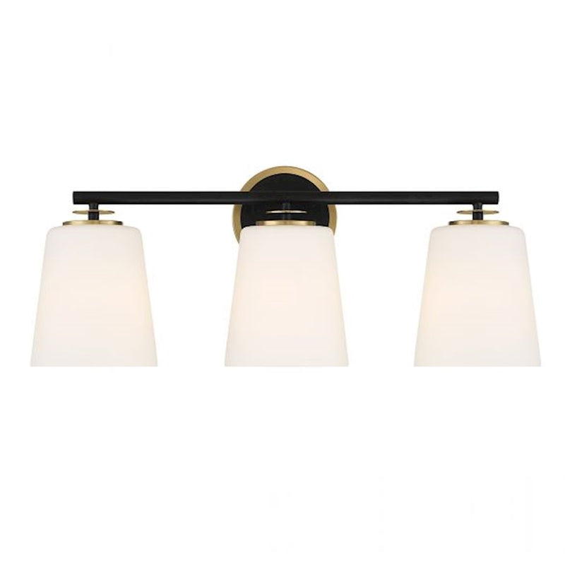 Savoy Meridian 3 Light Bathroom Vanity, Black/Natural Brass/White