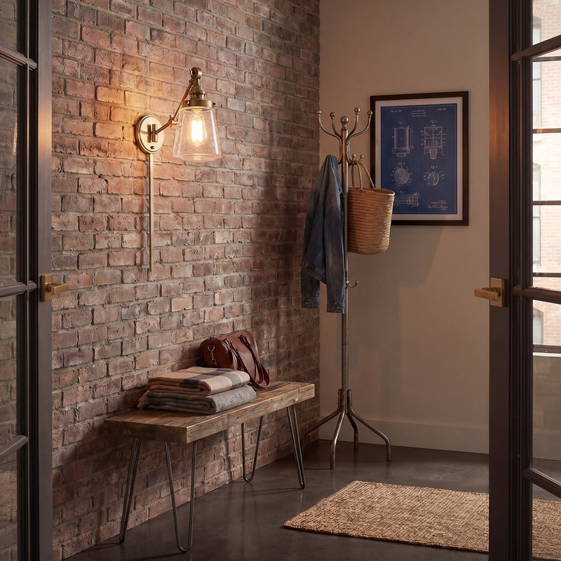 Meridian Industrial 1 Light Adjustable Wall Sconce, Brass/Clear