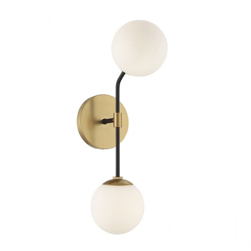 Savoy Meridian 2 Light Wall Sconce, Black/Natural Brass/White