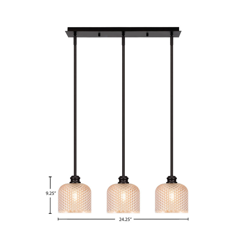 Toltec Edge 24in 3-Light Linear Pendant | Industrial Espresso Steel and Amber Textured Glass | Kitchen Island & Dining Table | 24.25 x 6 x 9.25 in | Model 1153-ES-4613