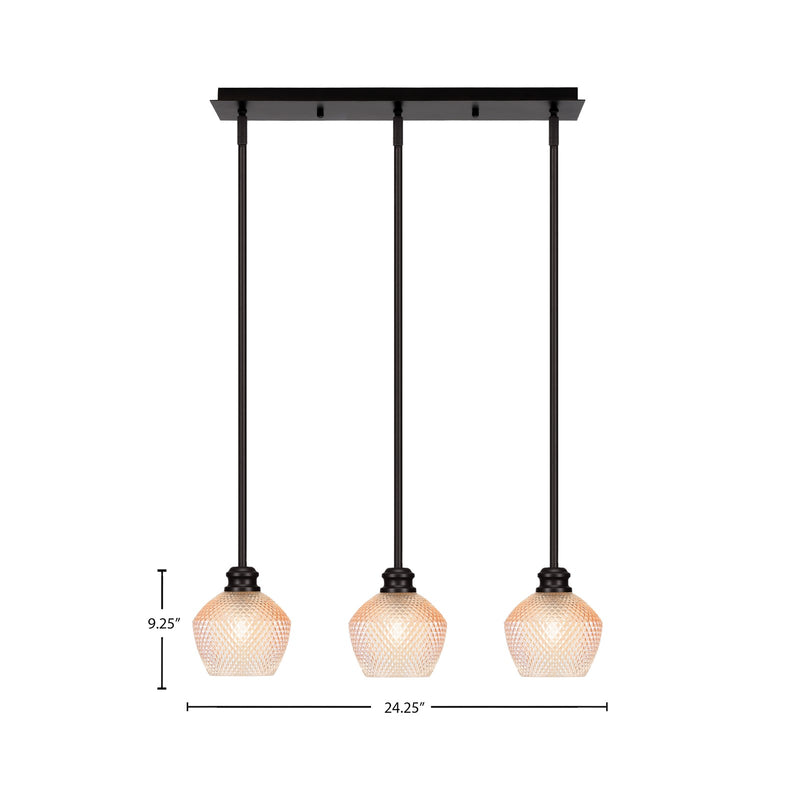 Toltec Edge 24in 3-Light Linear Pendant | Industrial Espresso Steel and Amber Textured Glass | Kitchen Island & Dining Room | 24.25 x 6 x 9.25 in | Model 1153-ES-4623