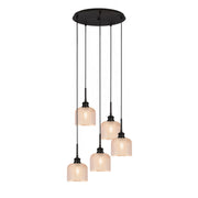 Toltec Edge 18.75in 5-Light Cluster Pendalier | Industrial Espresso Steel and Amber Textured Glass | Kitchen Island & Dining Room | 18.75 x 11.75 in | Model 1175-ES-4613