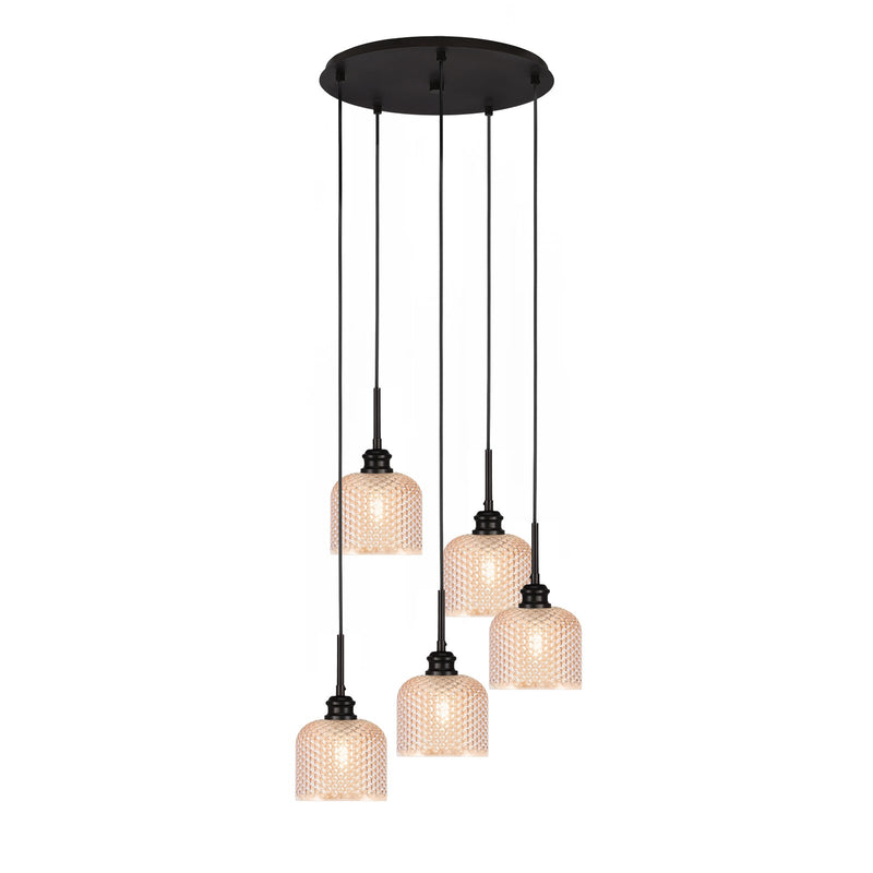 Toltec Edge 18.75in 5-Light Cluster Pendalier | Industrial Espresso Steel and Amber Textured Glass | Kitchen Island & Dining Room | 18.75 x 11.75 in | Model 1175-ES-4613