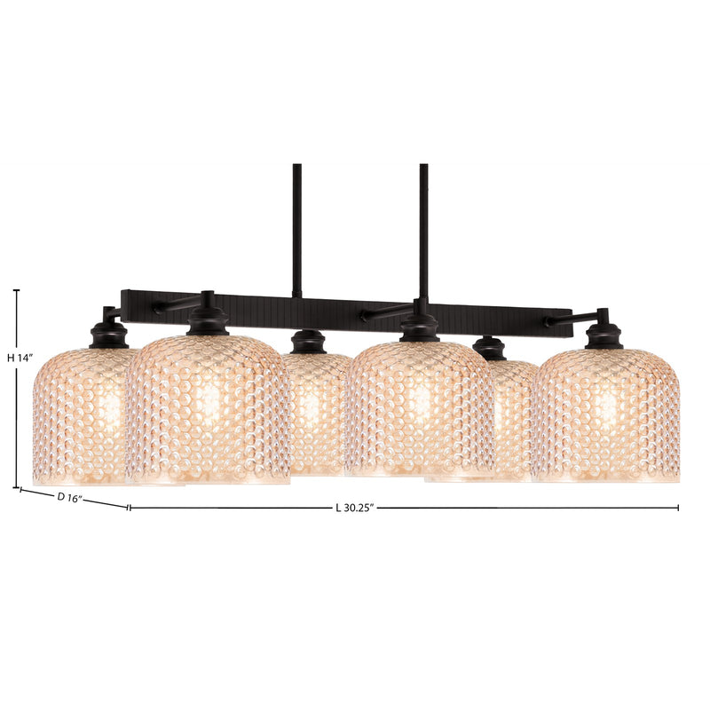 Toltec Edge 30.25in 6-Light Island Light | Industrial Espresso Steel and Amber Textured Glass | Kitchen Island & Dining Room | 30.25 x 16 x 14 in | Model 1186-ES-4613