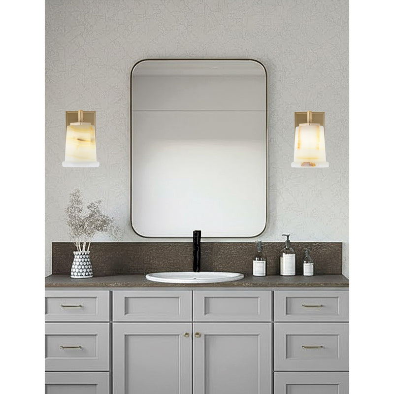 Toltec Franklin 9in 1-Light Wall Sconce | New Age Brass and Natural Stone Shade | Bathroom & Hallway | 4.5 x 6 x 9 in | Model 1211-NAB-4128