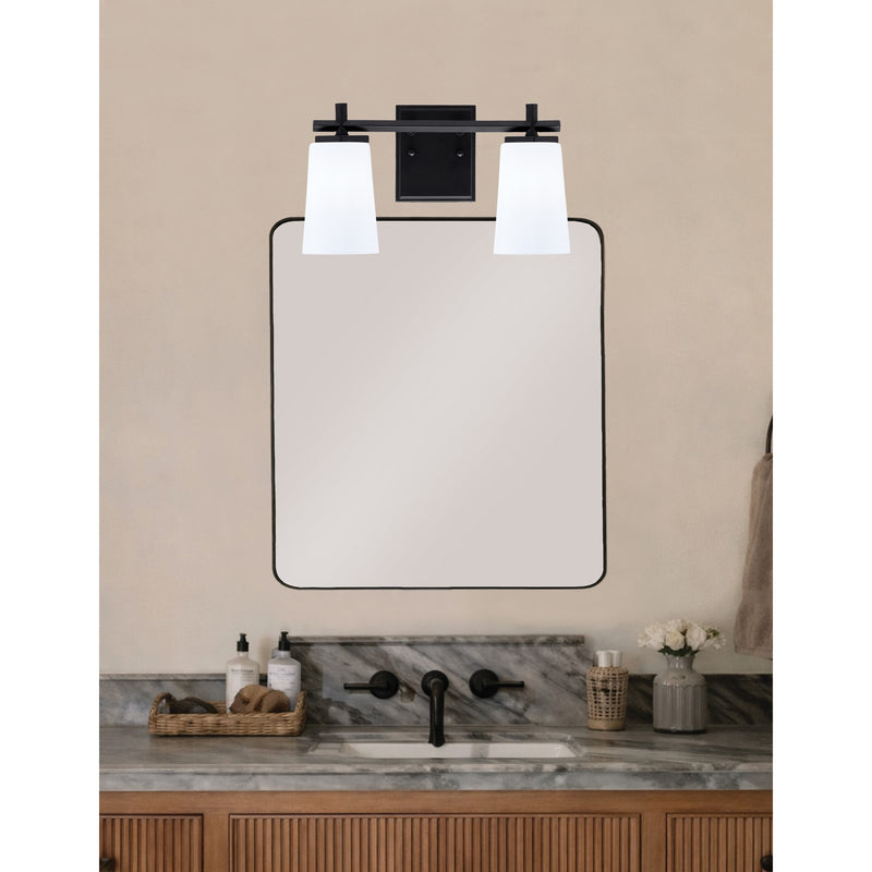 Toltec Franklin 2-Light Bath Bar | Modern Matte Black Steel and White Opal Glass | Bathroom Vanity & Powder Room | 6.25 x 8.75 in | Model 1212-MB-261
