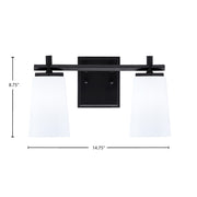 Toltec Franklin 2-Light Bath Bar | Modern Matte Black Steel and White Opal Glass | Bathroom Vanity & Powder Room | 6.25 x 8.75 in | Model 1212-MB-261