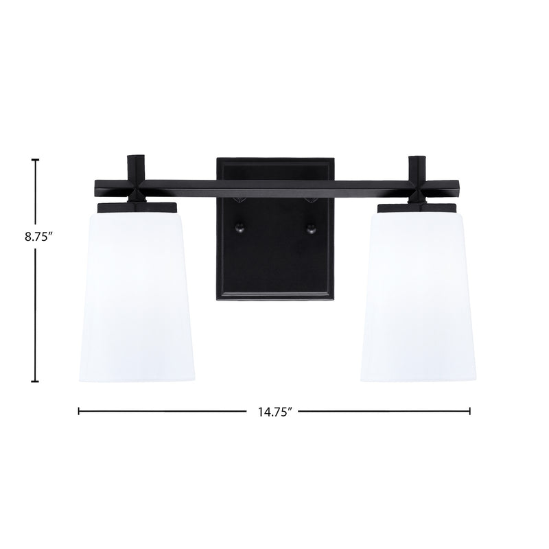 Toltec Franklin 2-Light Bath Bar | Modern Matte Black Steel and White Opal Glass | Bathroom Vanity & Powder Room | 6.25 x 8.75 in | Model 1212-MB-261