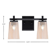 Toltec Franklin 2-Light Bath Bar | Modern Matte Black Steel and Amber Gradient Glass | Bathroom Vanity & Powder Room | 6.25 x 8.75 in | Model 1212-MB-263