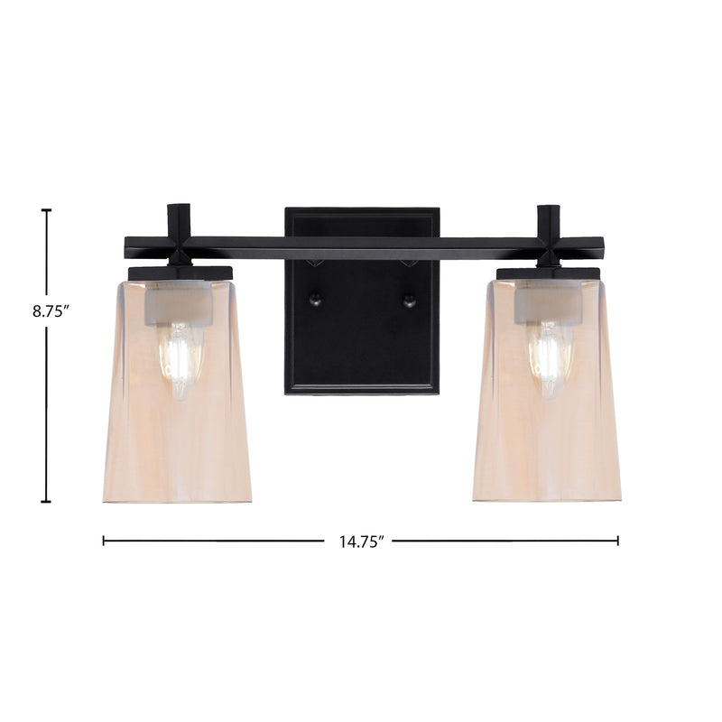 Toltec Franklin 2-Light Bath Bar | Modern Matte Black Steel and Amber Gradient Glass | Bathroom Vanity & Powder Room | 6.25 x 8.75 in | Model 1212-MB-263