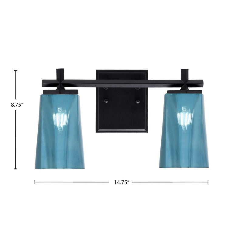 Toltec Franklin 2-Light Bath Bar | Modern Matte Black Steel and Blue Gradient Glass | Bathroom Vanity & Powder Room | 6.25 x 8.75 in | Model 1212-MB-265