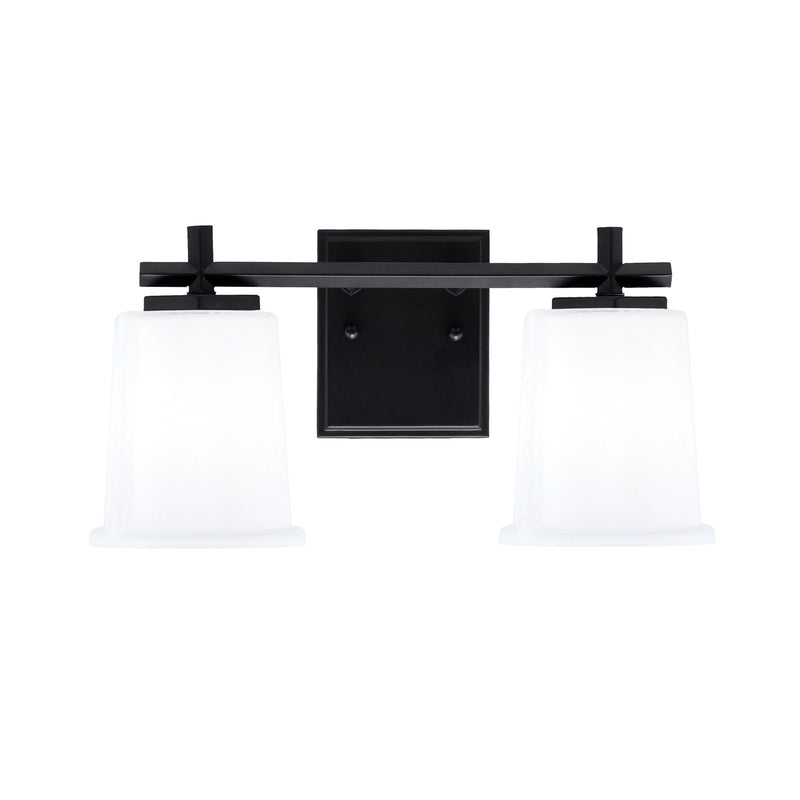 Toltec Franklin 2-Light Bath Bar | Matte Black Steel and White Opal Glass | Bathroom Vanity Light | 6.75 x 7.75 in | Model 1212-MB-5031