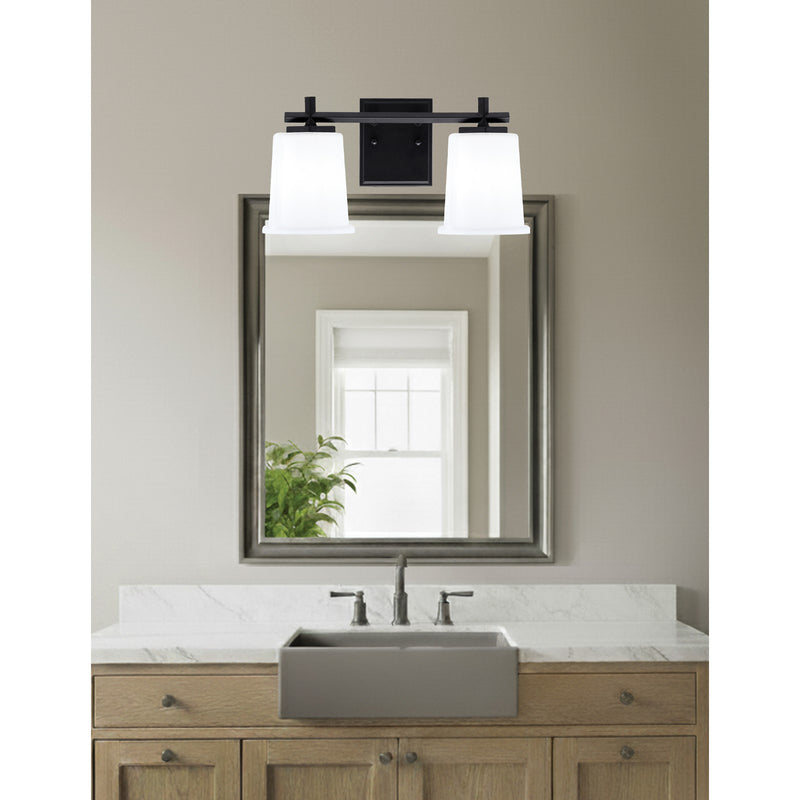 Toltec Franklin 2-Light Bath Bar | Matte Black Steel and White Opal Glass | Bathroom Vanity Light | 6.75 x 7.75 in | Model 1212-MB-5031