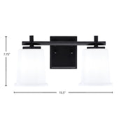Toltec Franklin 2-Light Bath Bar | Matte Black Steel and White Opal Glass | Bathroom Vanity Light | 6.75 x 7.75 in | Model 1212-MB-5031