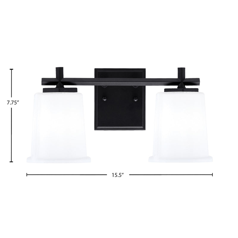 Toltec Franklin 2-Light Bath Bar | Matte Black Steel and White Opal Glass | Bathroom Vanity Light | 6.75 x 7.75 in | Model 1212-MB-5031