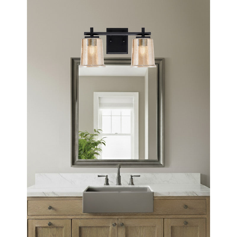 Toltec Franklin 2-Light Bath Bar | Matte Black Steel and Amber Bubble Glass | Bathroom Vanity Light | 6.75 x 7.75 in | Model 1212-MB-5033