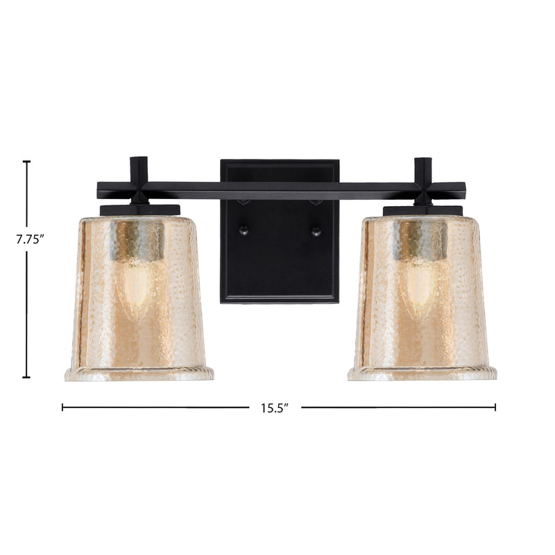 Toltec Franklin 2-Light Bath Bar | Matte Black Steel and Amber Bubble Glass | Bathroom Vanity Light | 6.75 x 7.75 in | Model 1212-MB-5033