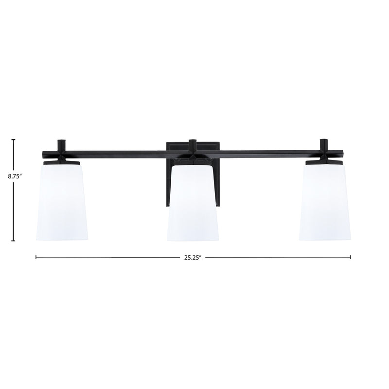 Toltec Franklin 11.25in 3-Light Bath Bar | Modern Matte Black Steel and White Opal Glass | Bathroom Vanity Light | 5.5 x 11.25 in | Model 1213-MB-261