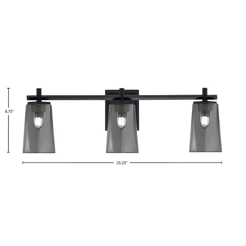 Toltec Franklin 11.25in 3-Light Bath Bar | Modern Matte Black Steel and Smoke Bubble Glass | Bathroom Vanity Light | 5.5 x 11.25 in | Model 1213-MB-262