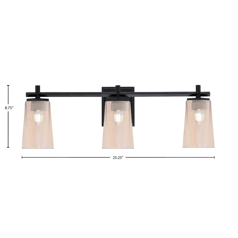 Toltec Franklin 11.25in 3-Light Bath Bar | Modern Matte Black Steel and Amber Gradient Glass | Bathroom Vanity Light | 5.5 x 11.25 in | Model 1213-MB-263