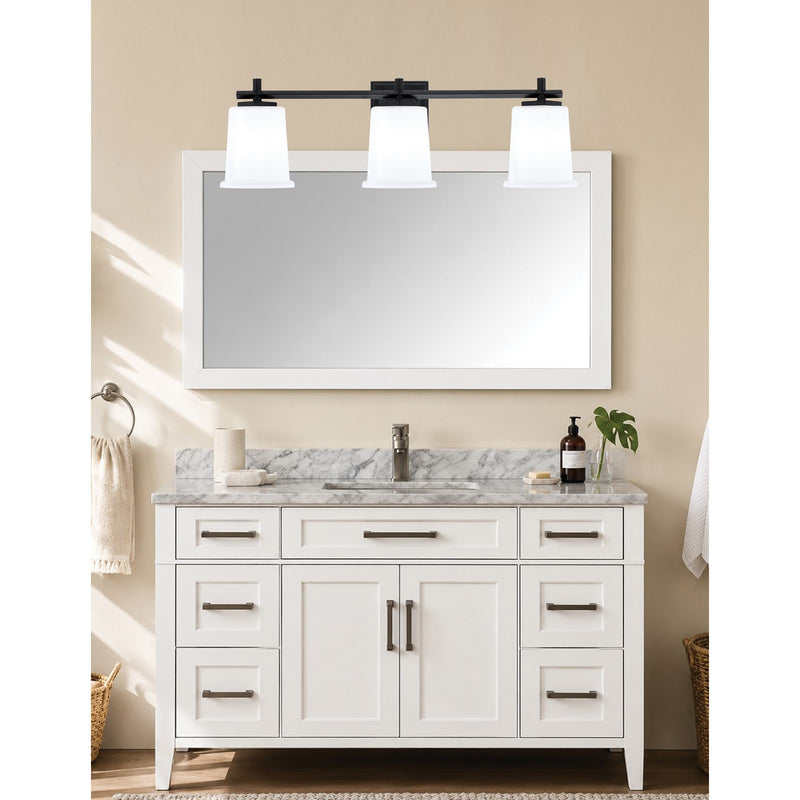 Toltec Franklin 10in 3-Light Bath Bar | Modern Matte Black and White Opal Glass | Bathroom Vanity Light | 5.5 x 10.25 in | Model 1213-MB-5031