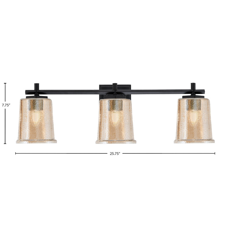 Toltec Franklin 10in 3-Light Bath Bar | Modern Matte Black and Amber Bubble Glass | Bathroom Vanity Light | 5.5 x 10.25 in | Model 1213-MB-5033