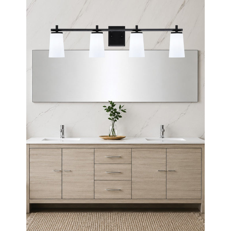 Toltec Franklin 4-Light Bath Bar | Modern Matte Black Finish and White Opal Glass | Bathroom Vanity & Powder Room | 5.5 x 11.25 in | Model 1214-MB-261