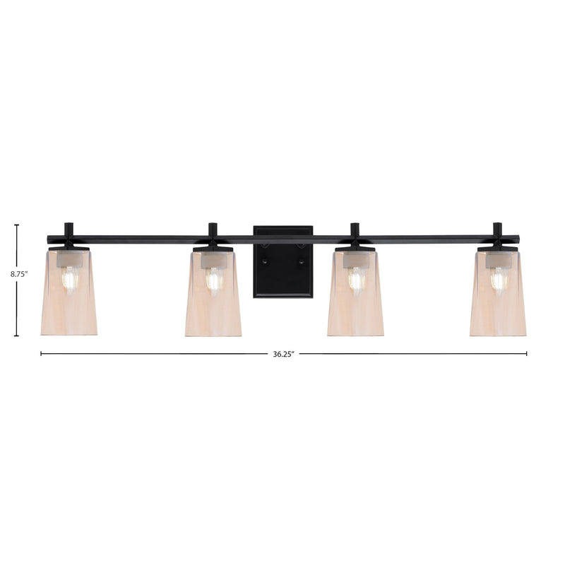 Toltec Franklin 4-Light Bath Bar | Modern Matte Black Steel and Amber Gradient Glass | Bathroom Vanity & Powder Room | 5.5 x 11.25 in | Model 1214-MB-263