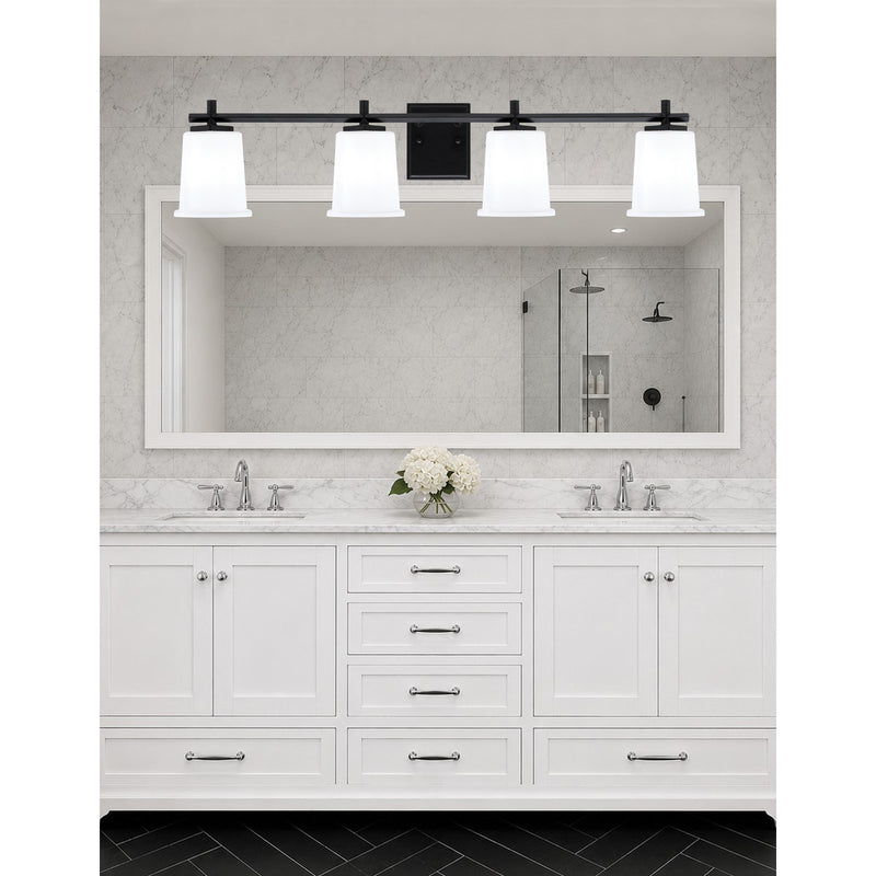 Toltec Franklin 4-Light Bath Bar | Modern Matte Black Steel and White Opal Glass | Bathroom Vanity & Powder Room | 5.5 x 10.25 in | Model 1214-MB-5031