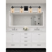 Toltec Franklin 4-Light Bath Bar | Modern Matte Black and Amber Bubble Glass | Bathroom Vanity Light | 5.5 x 10.25 in | Model 1214-MB-5033