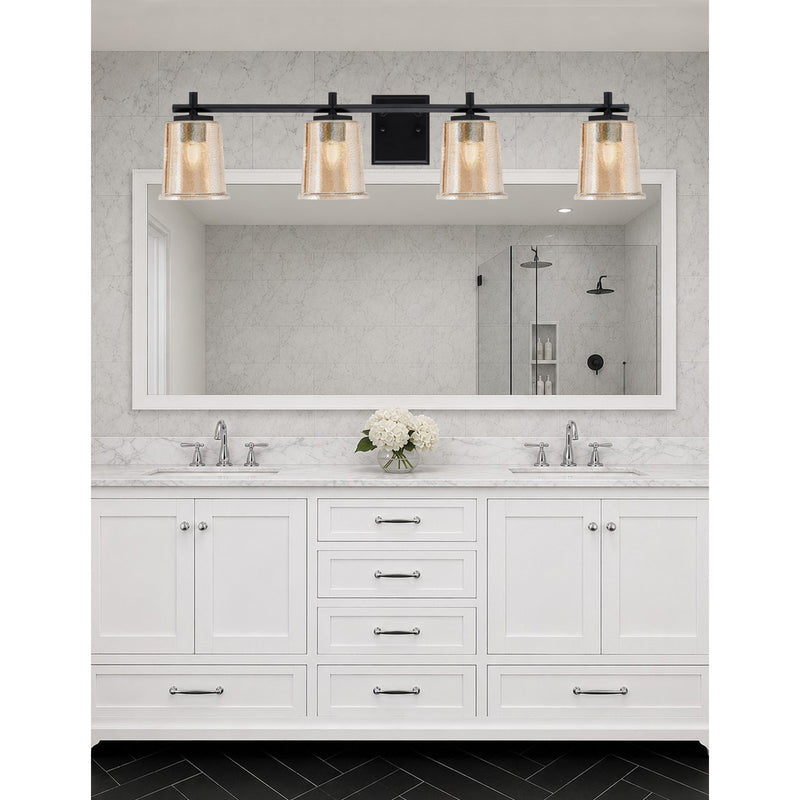 Toltec Franklin 4-Light Bath Bar | Modern Matte Black and Amber Bubble Glass | Bathroom Vanity Light | 5.5 x 10.25 in | Model 1214-MB-5033