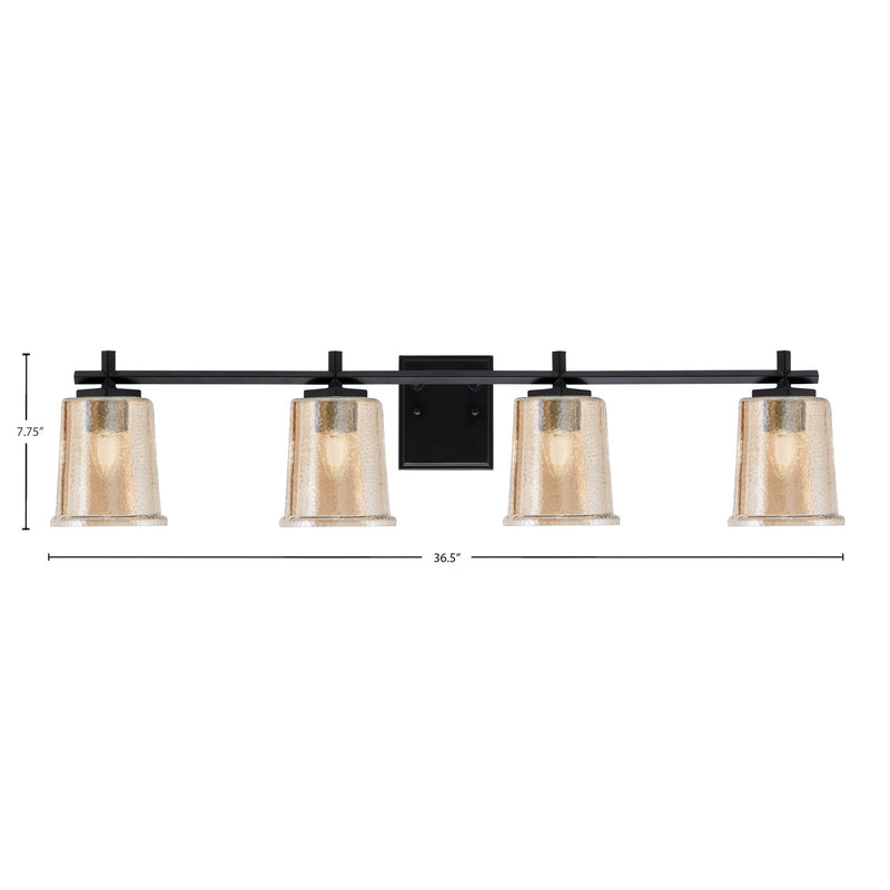Toltec Franklin 4-Light Bath Bar | Modern Matte Black and Amber Bubble Glass | Bathroom Vanity Light | 5.5 x 10.25 in | Model 1214-MB-5033