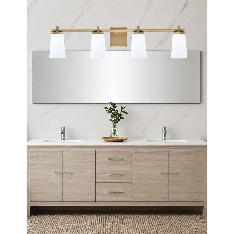 Toltec Franklin 4-Light Bath Bar | Modern New Age Brass and White Opal Glass | Bathroom Vanity Light | 5.5 x 11.25 in | Model 1214-NAB-261