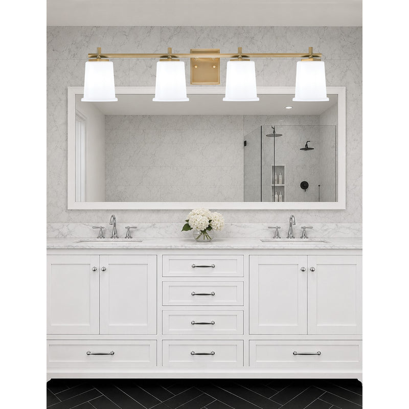 Toltec Franklin 4-Light Bath Bar | Modern New Age Brass and White Opal Glass | Bathroom Vanity & Powder Room | 5.5 x 10.25 in | Model 1214-NAB-5031
